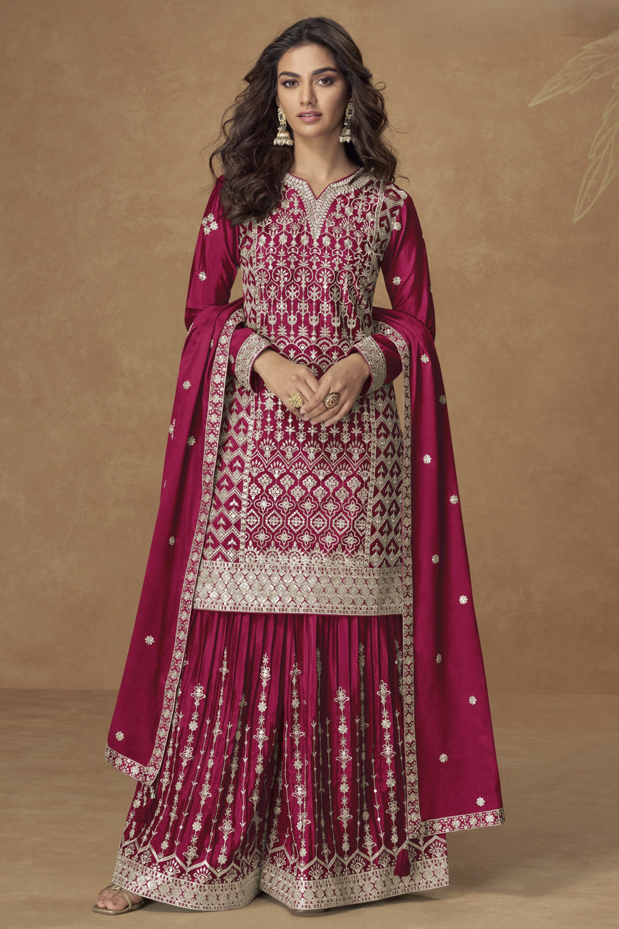 Dark Pink Chinon Silk Kameez With Plazzo Suit For Indian & Pakistani Wedding Festival - Thread & Sequence Embroidery
