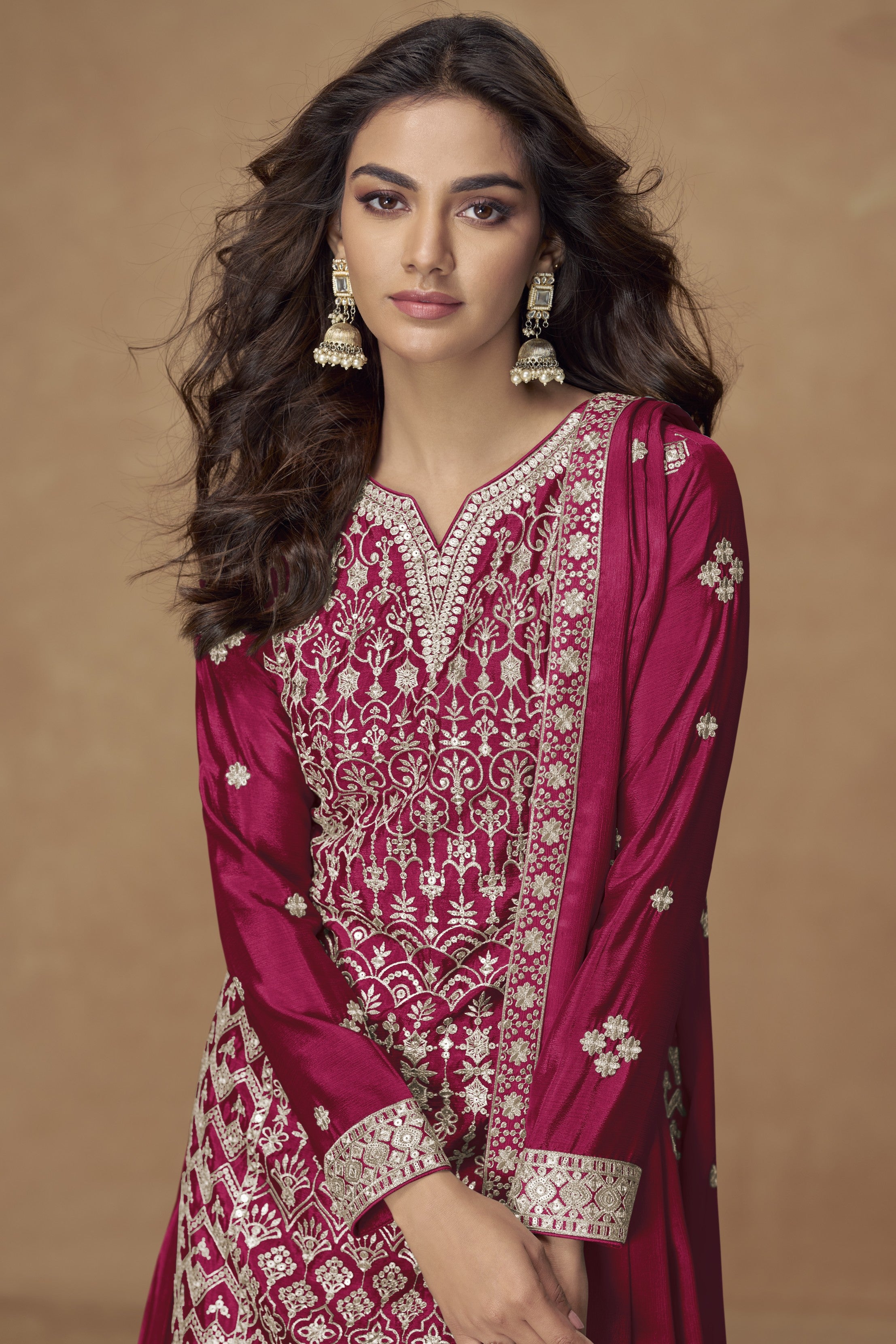 Dark Pink Chinon Silk Kameez With Plazzo Suit For Indian & Pakistani Wedding Festival - Thread & Sequence Embroidery