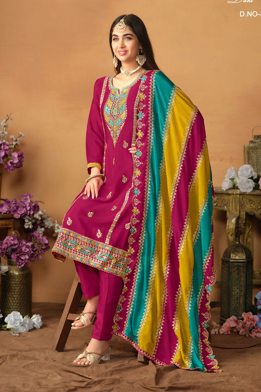 Dark Pink Chinon Silk Plus Size Upto 5XL Size Kameez Pant Suit For Indian Festival & Wedding - Thread Embroidery Work, Sequence Embroidery Work