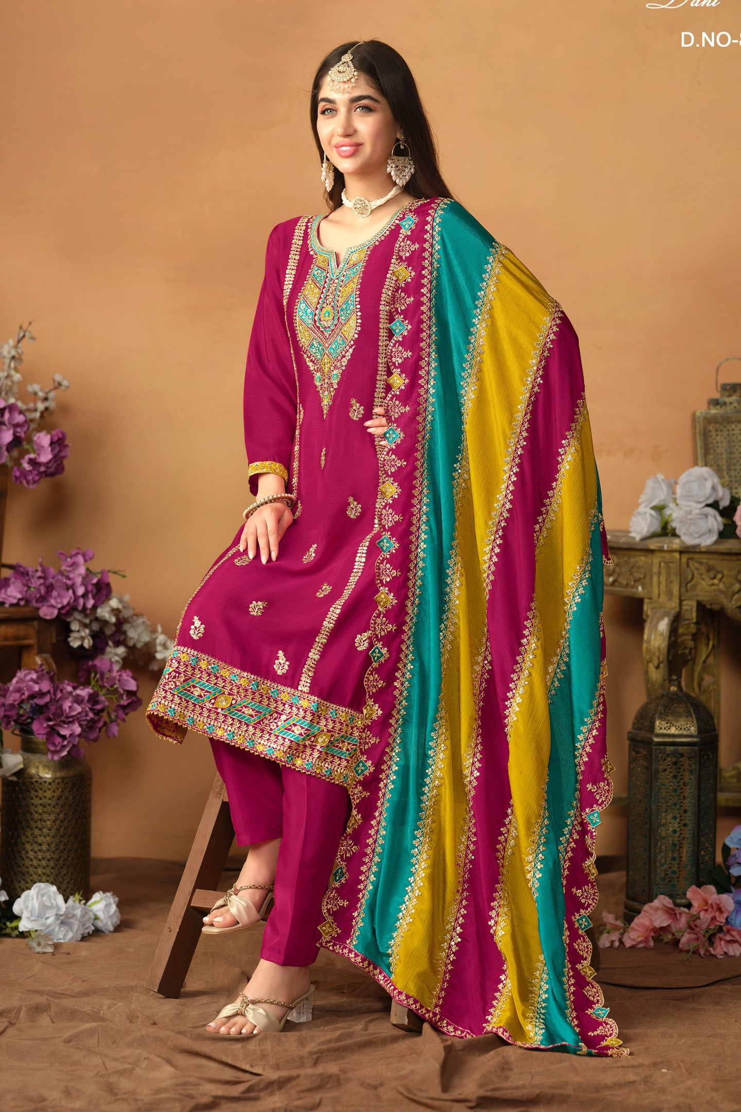 Dark Pink Chinon Silk Plus Size Upto 5XL Size Kameez Pant Suit For Indian Festival & Wedding - Thread Embroidery Work, Sequence Embroidery Work