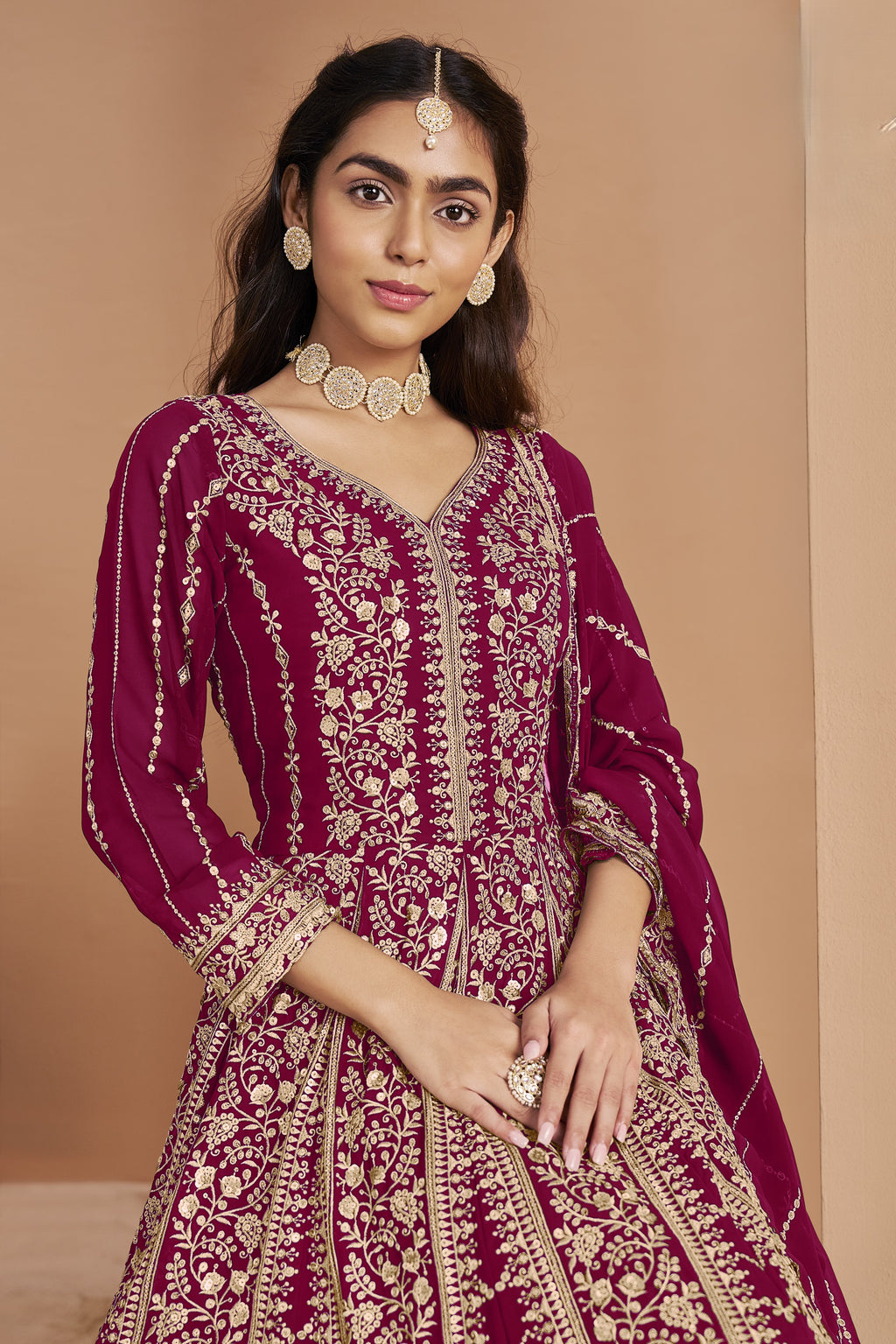 Dark Pink Georgette Anarkali Dress for Reception with Thread and Sequins Embroidery