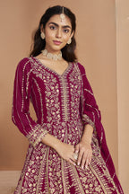 Dark Pink Georgette Anarkali Dress for Reception with Thread and Sequins Embroidery