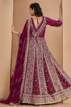 Dark Pink Georgette Anarkali Dress for Reception with Thread and Sequins Embroidery