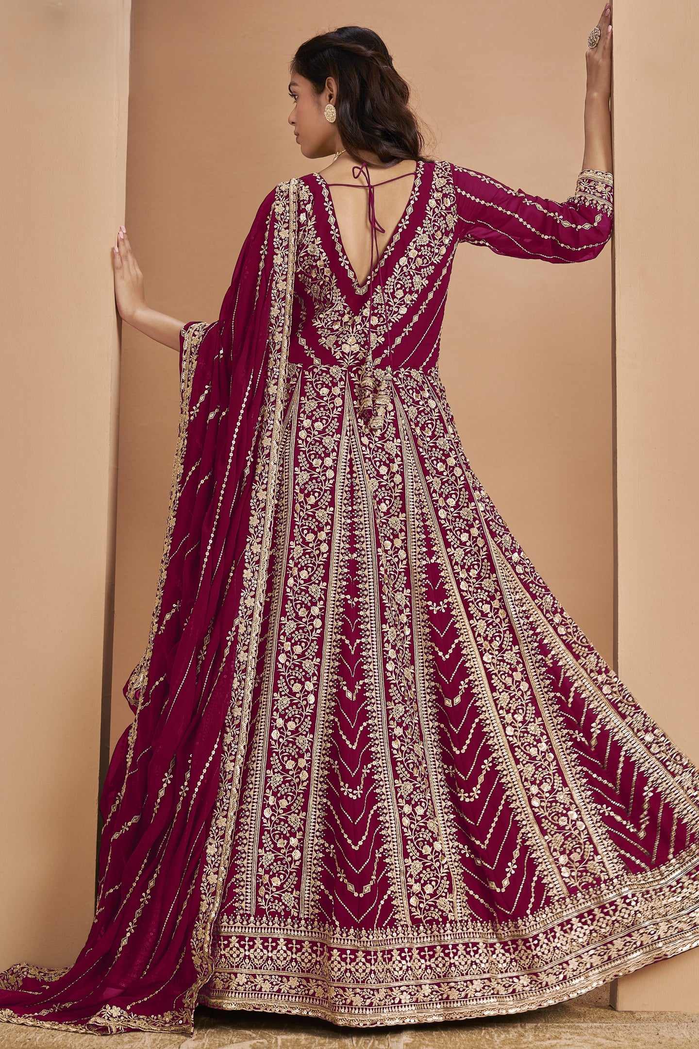 Dark Pink Georgette Anarkali Dress for Reception with Thread and Sequins Embroidery