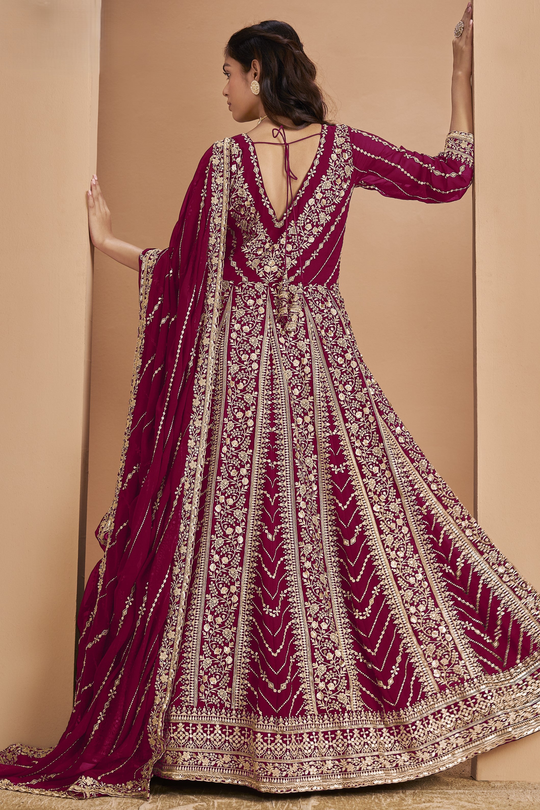 Dark Pink Georgette Anarkali Dress for Reception with Thread and Sequins Embroidery