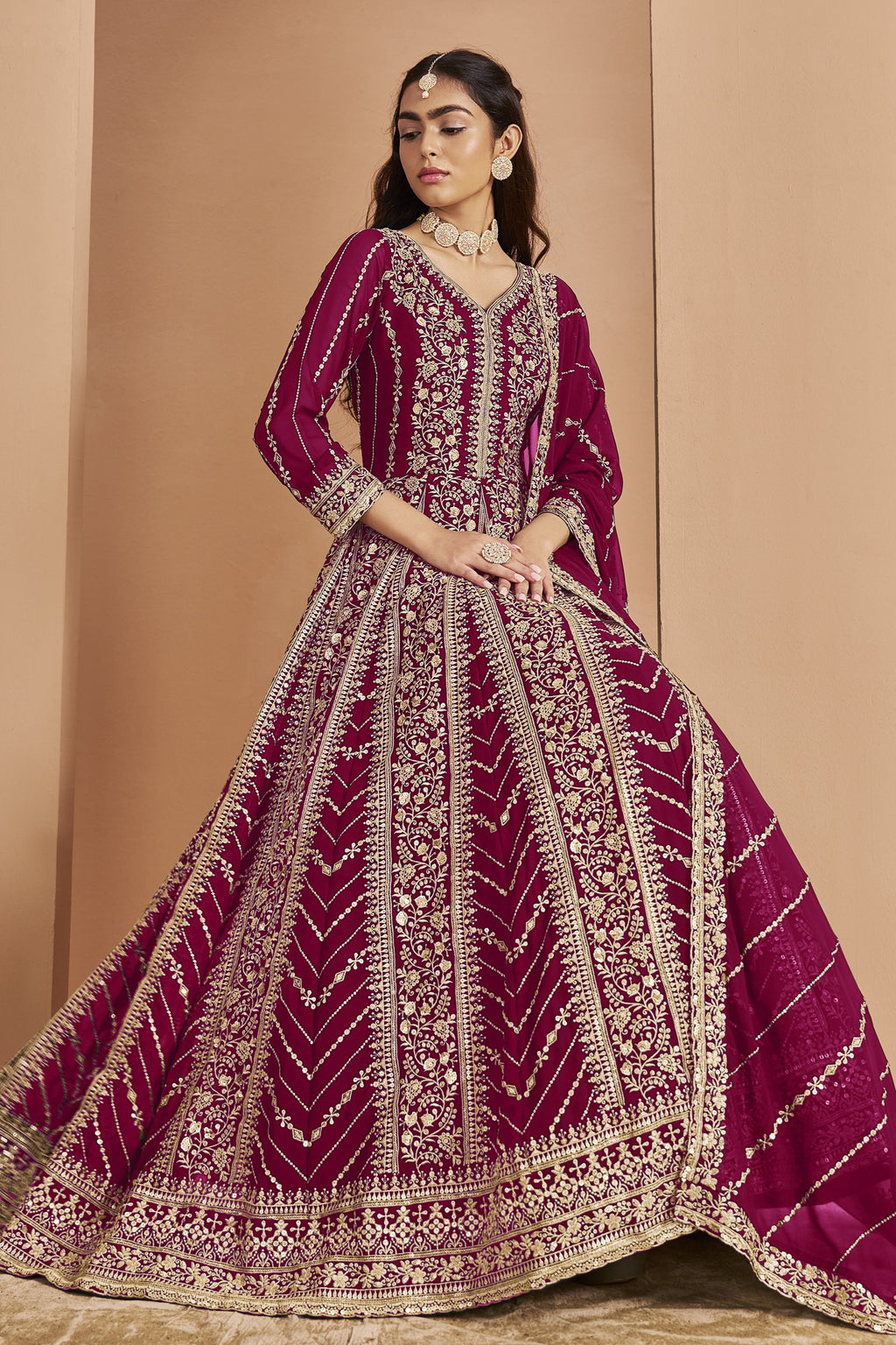 Dark Pink Georgette Anarkali Dress for Reception with Thread and Sequins Embroidery