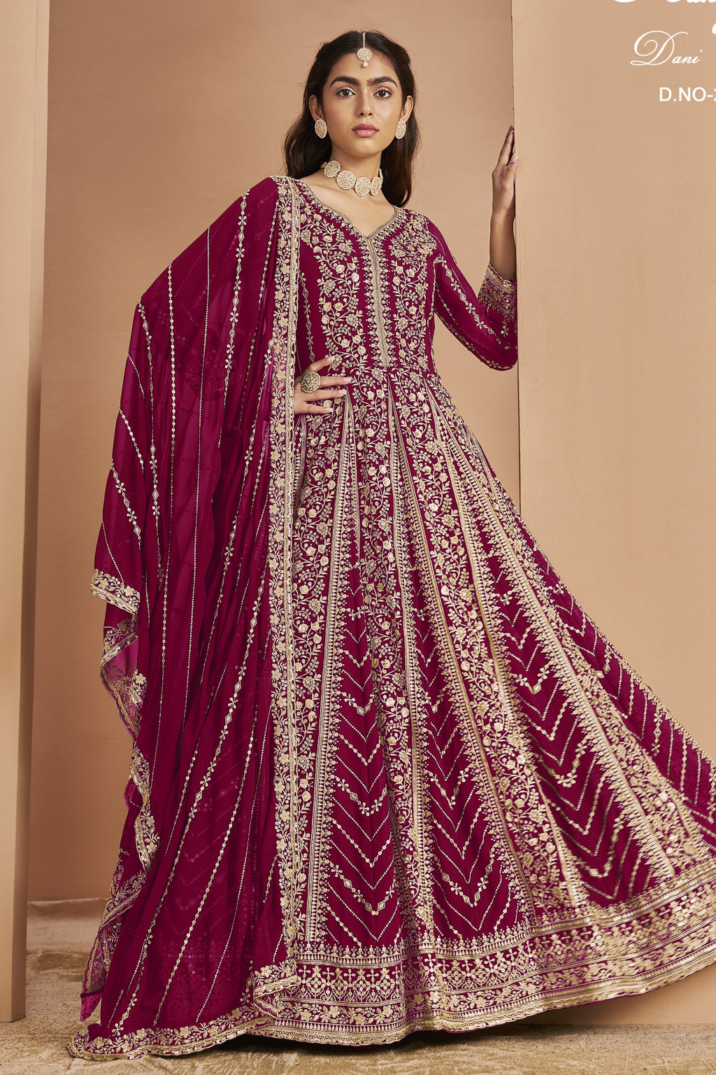 Dark Pink Georgette Anarkali Dress for Reception with Thread and Sequins Embroidery