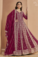 Dark Pink Georgette Anarkali Dress for Reception with Thread and Sequins Embroidery
