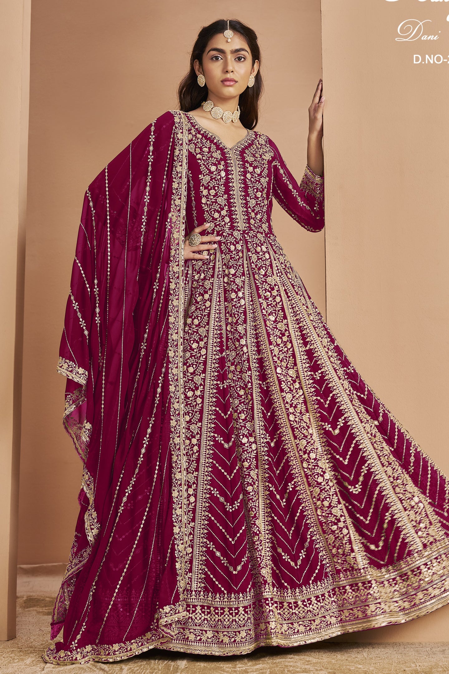 Dark Pink Georgette Anarkali Dress for Reception with Thread and Sequins Embroidery