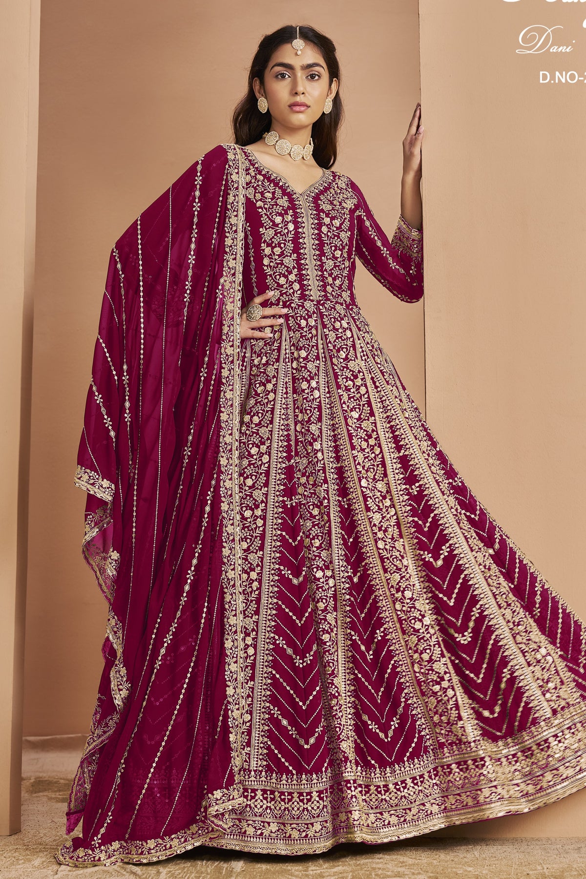 Dark Pink Georgette Anarkali Dress for Reception with Thread and Sequins Embroidery