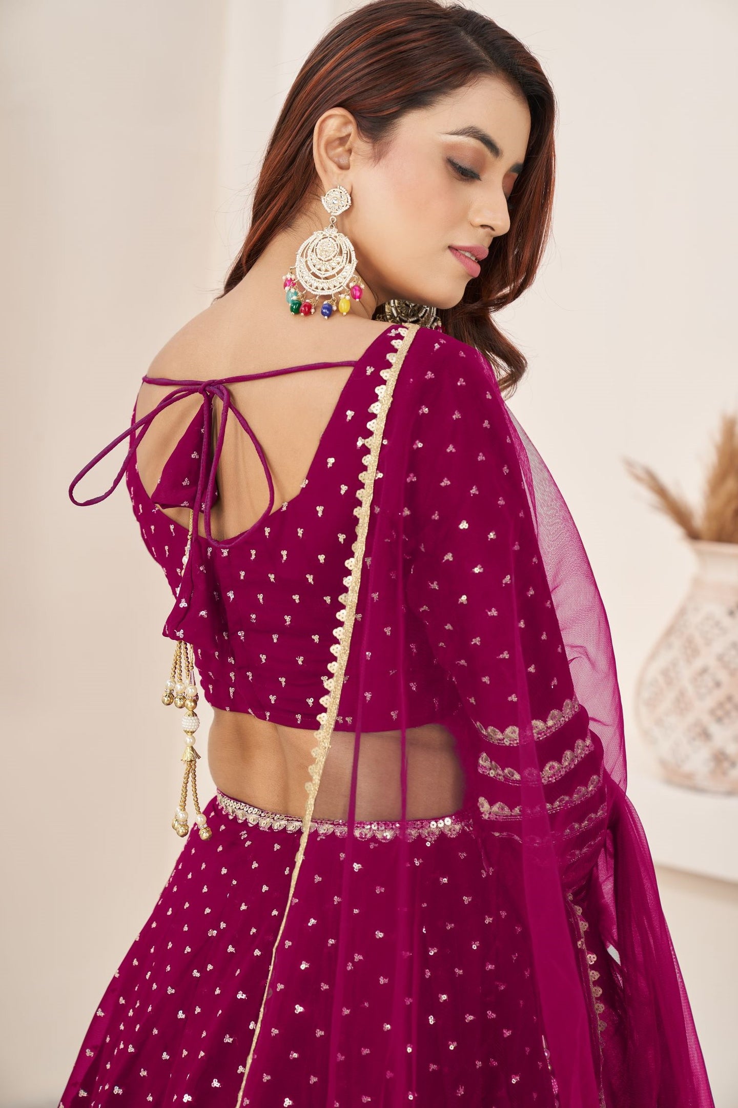 Dark Pink Georgette Embroidered Lehenga with Zari and Sequins Work