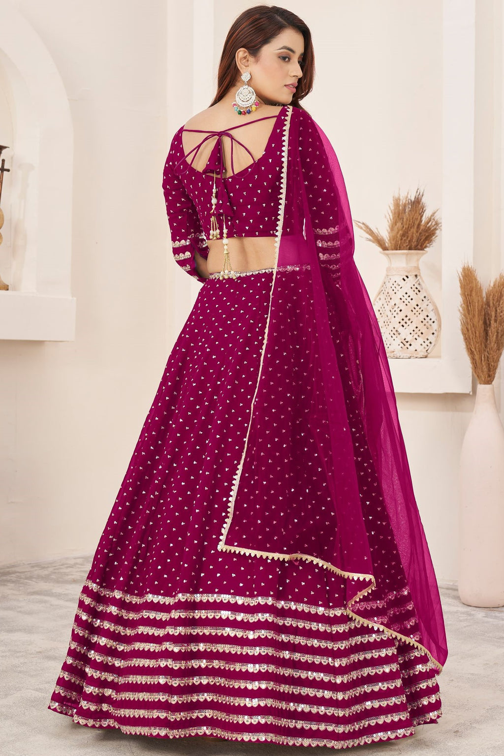 Dark Pink Georgette Embroidered Lehenga with Zari and Sequins Work