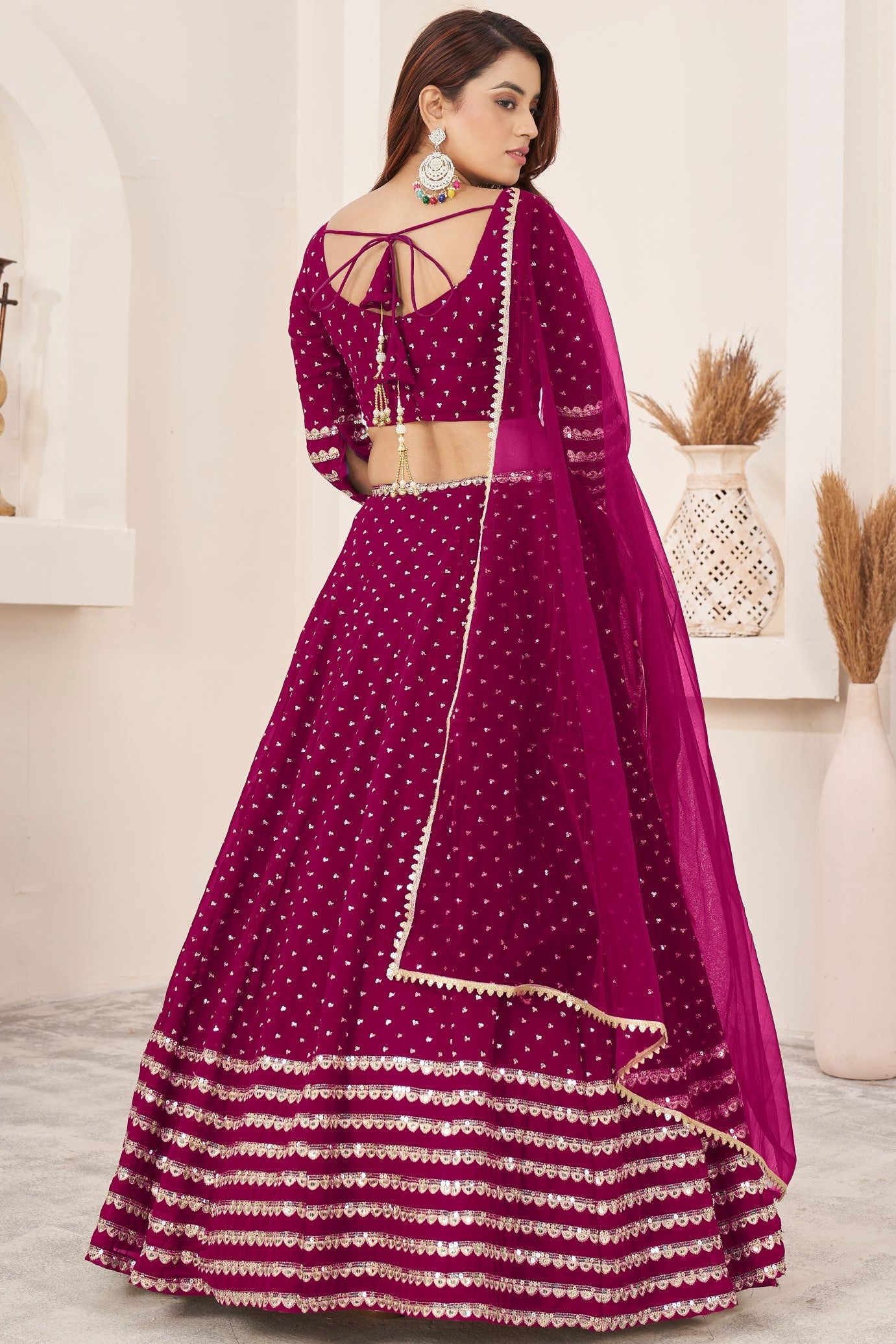 Dark Pink Georgette Embroidered Lehenga with Zari and Sequins Work