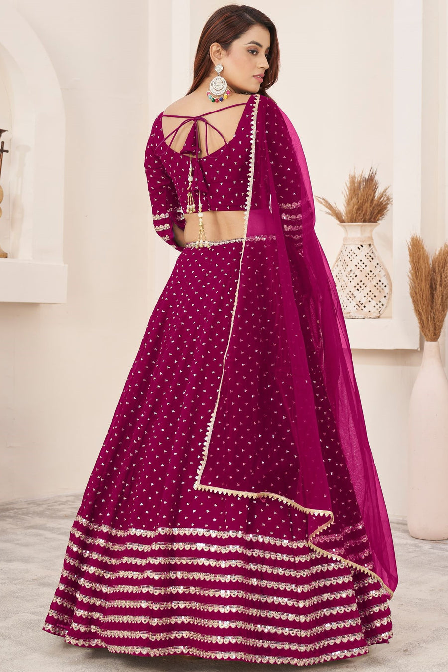 Dark Pink Georgette Embroidered Lehenga with Zari and Sequins Work
