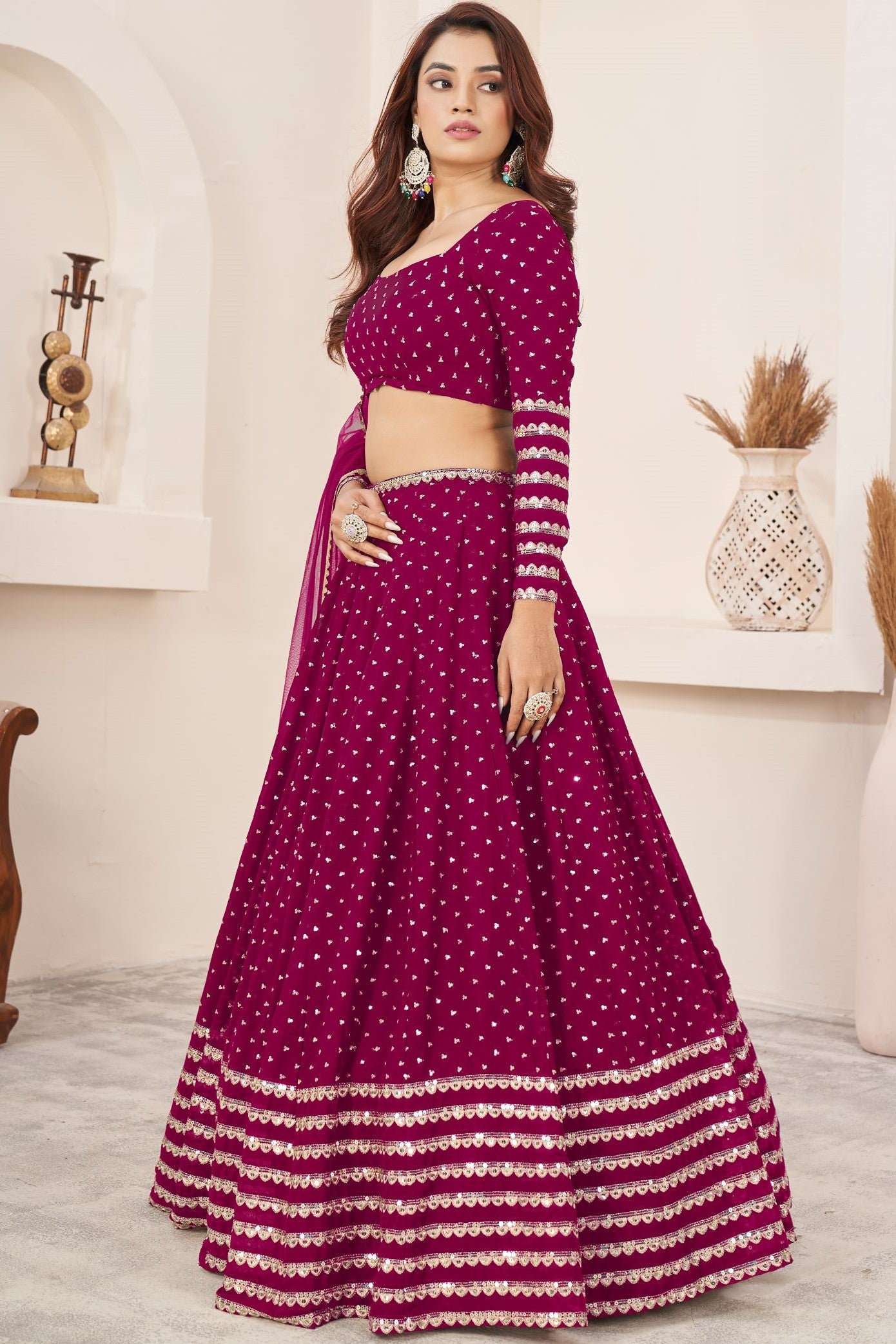 Dark Pink Georgette Embroidered Lehenga with Zari and Sequins Work