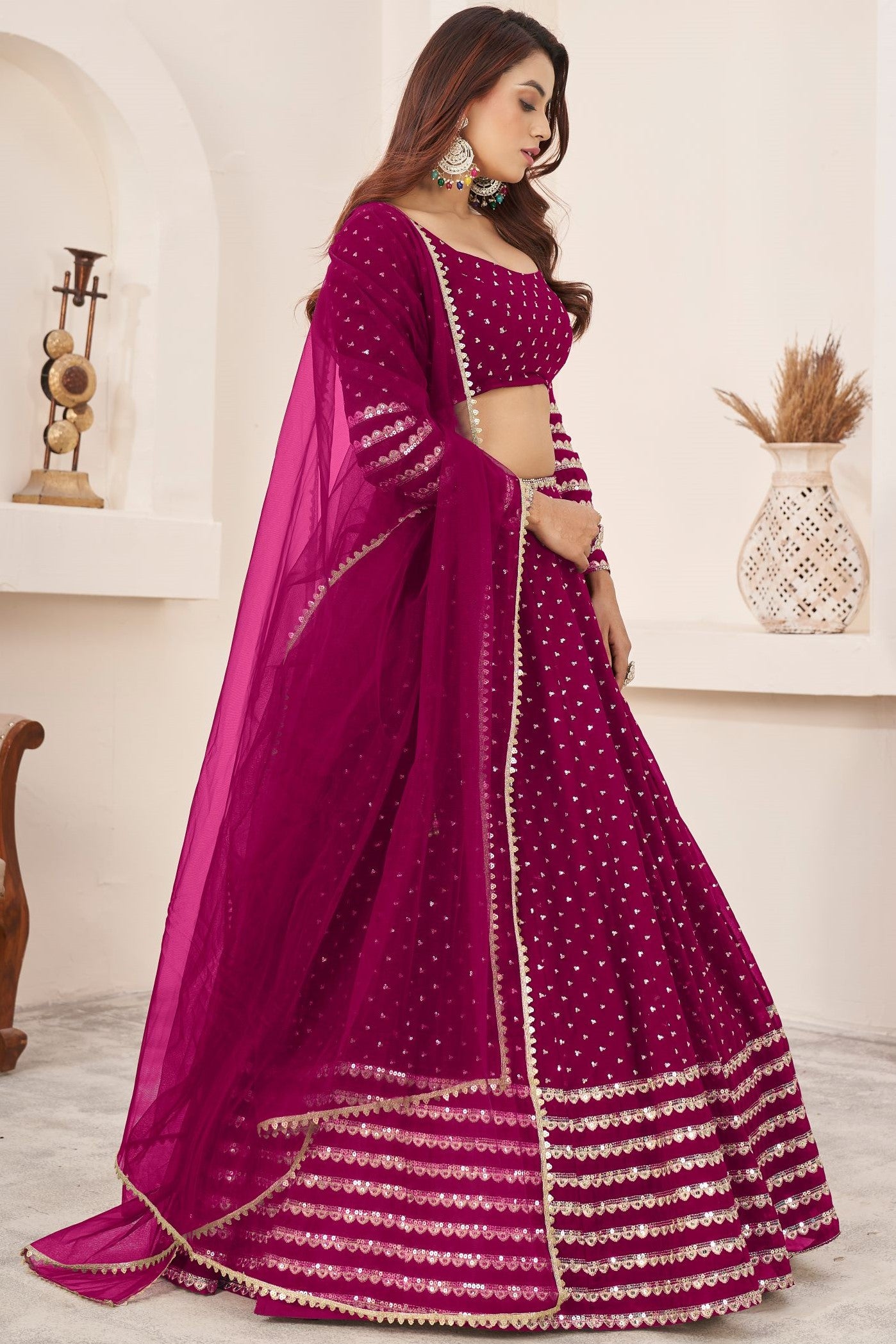 Dark Pink Georgette Embroidered Lehenga with Zari and Sequins Work