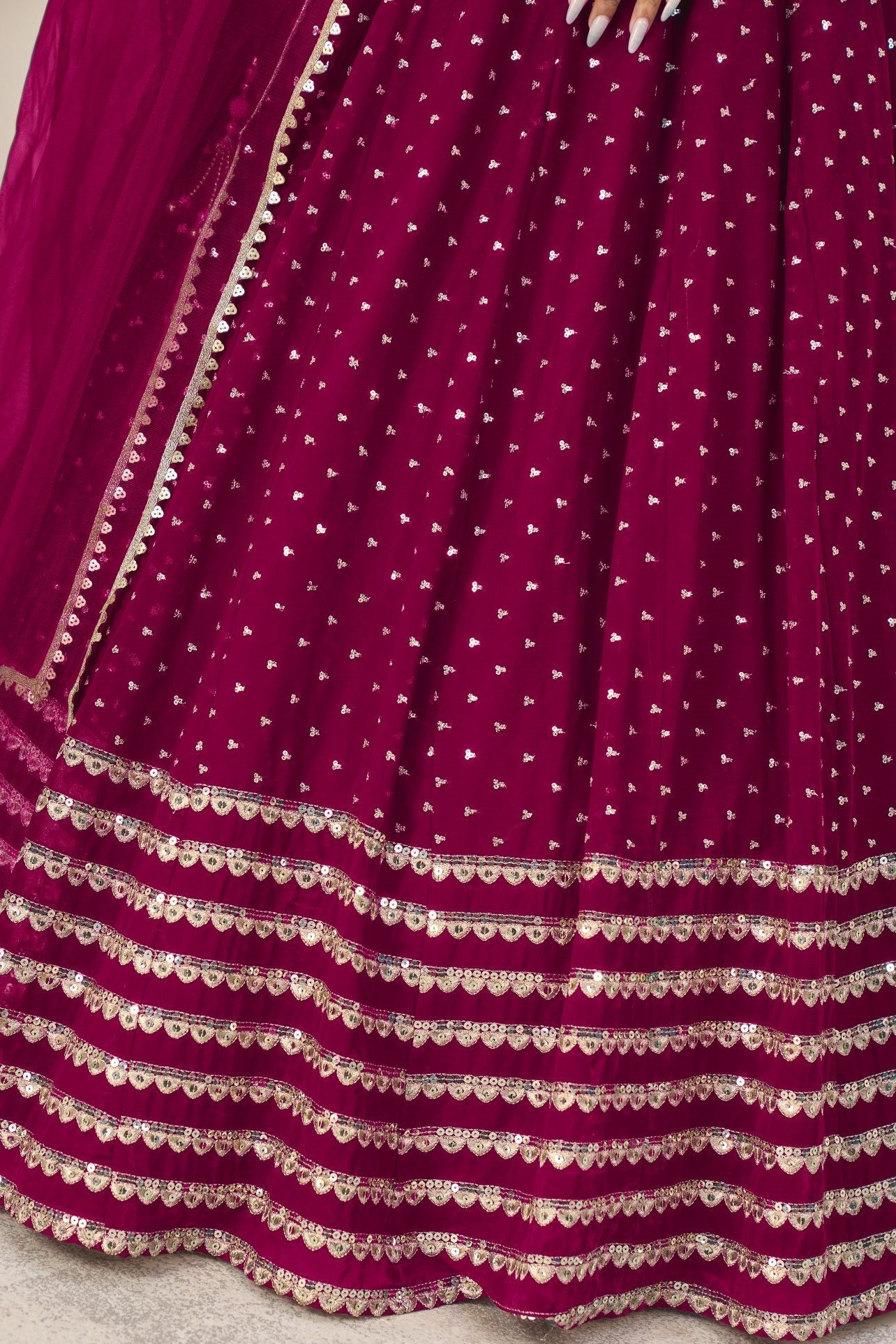 Dark Pink Georgette Embroidered Lehenga with Zari and Sequins Work