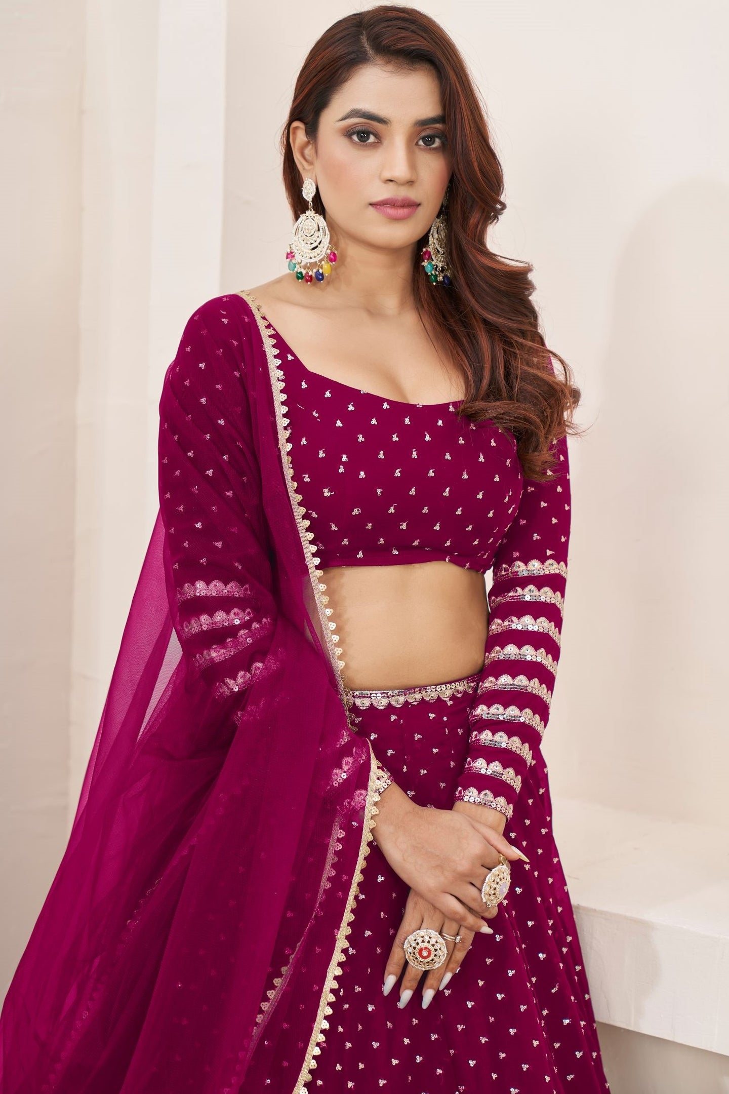Dark Pink Georgette Embroidered Lehenga with Zari and Sequins Work