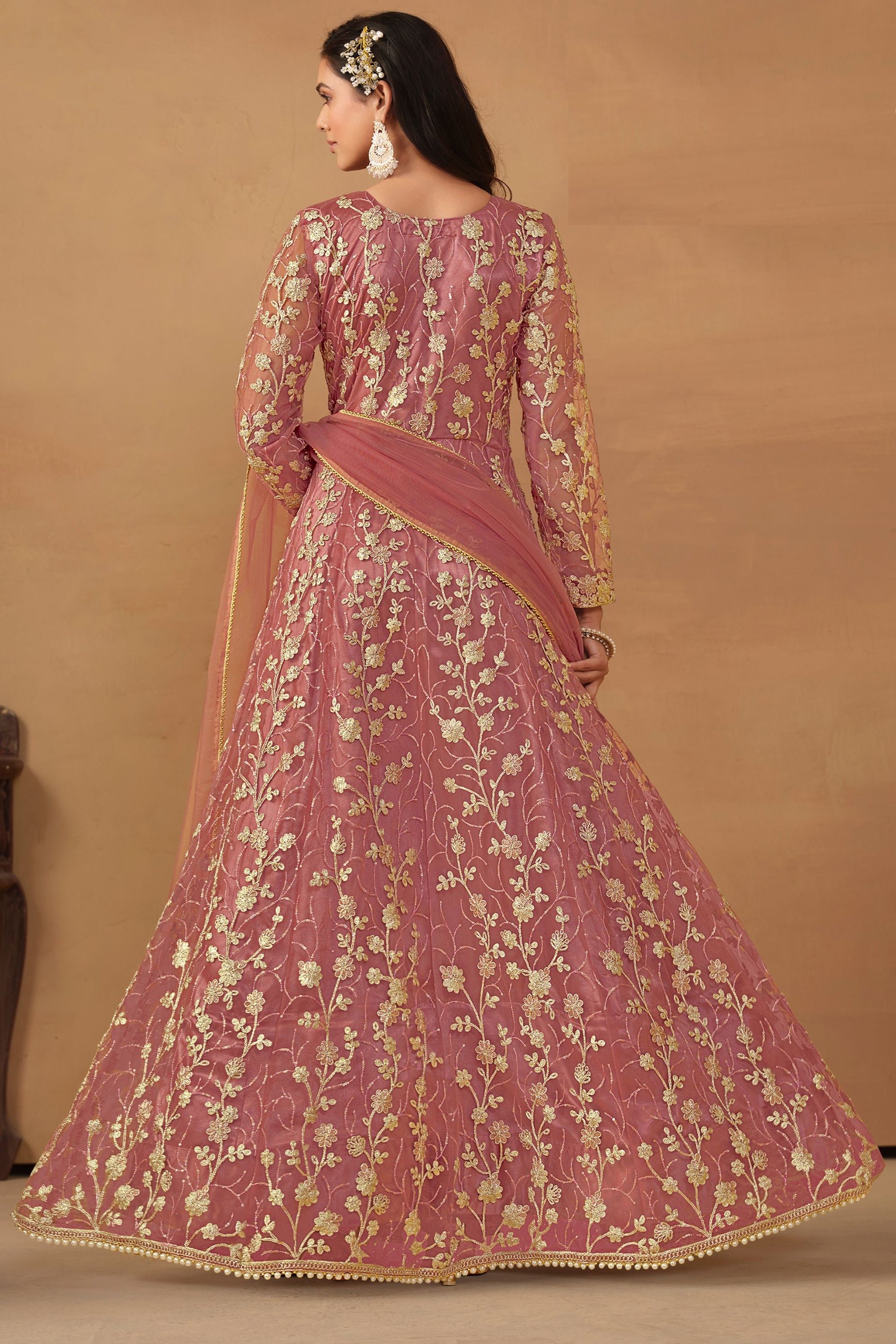 Dark Pink Net Full Floor Length Anarkali Dress with Front Slit For Indian Festivals & Weddings - Thread & Sequence Embroidery Work