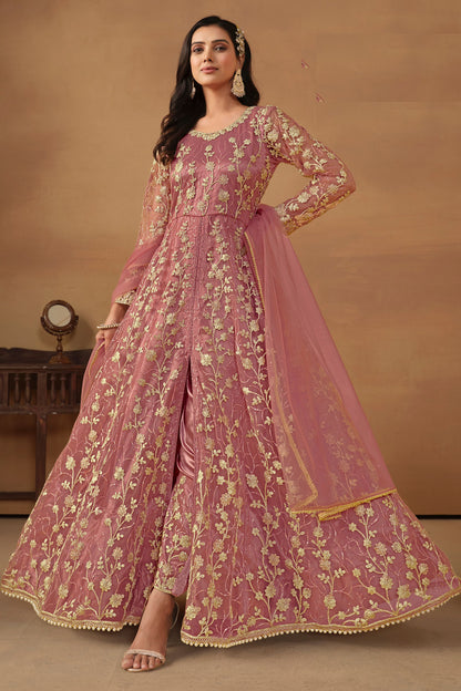 Dark Pink Net Full Floor Length Anarkali Dress with Front Slit For Indian Festivals & Weddings - Thread & Sequence Embroidery Work