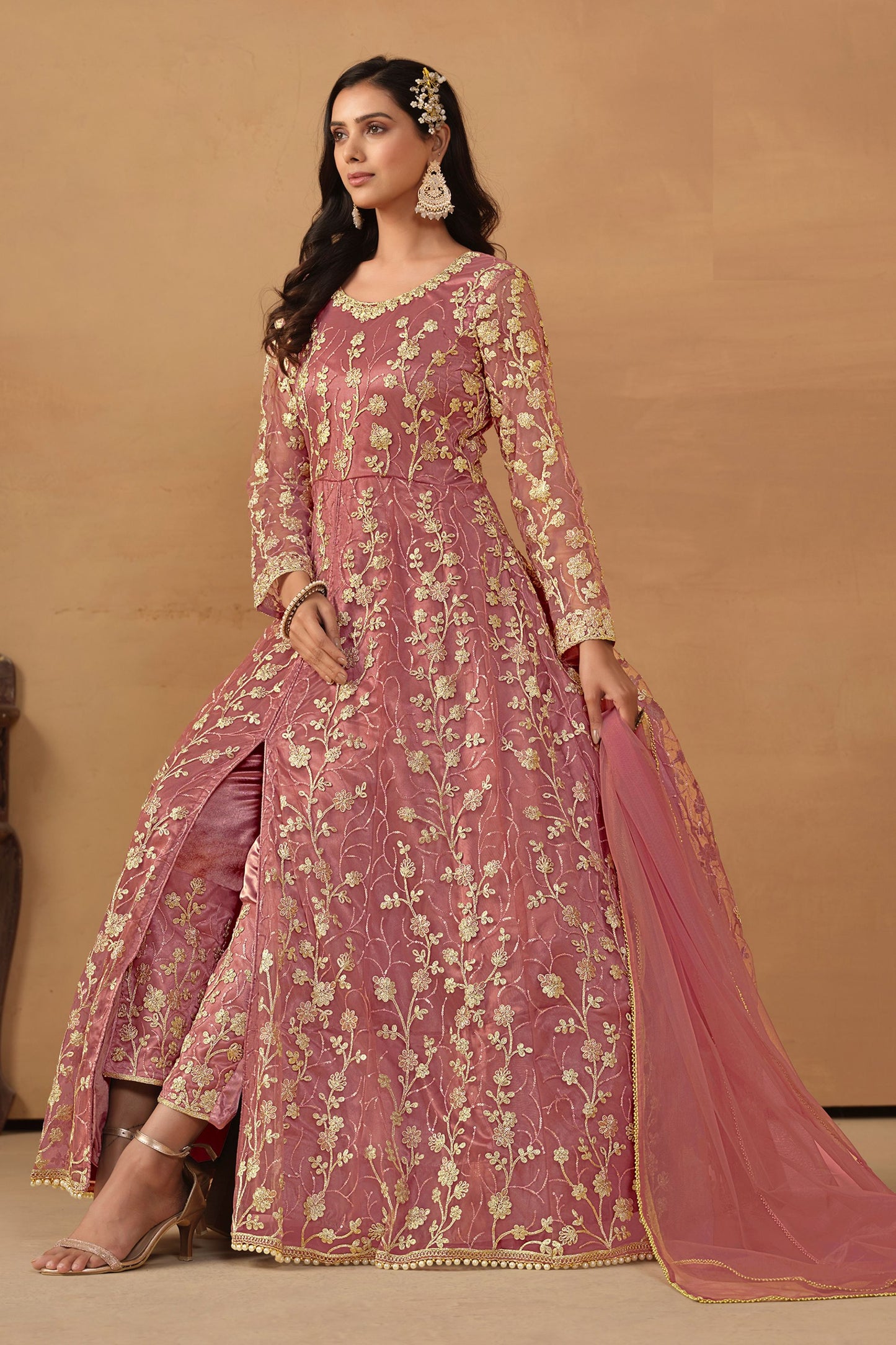 Dark Pink Net Full Floor Length Anarkali Dress with Front Slit For Indian Festivals & Weddings - Thread & Sequence Embroidery Work