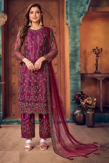 Dark Pink Net Kameez with Pant For Indian Suit Festivals & Pakistani Weddings - Embroidery Work