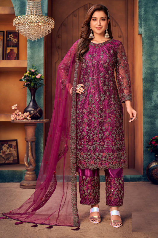 Dark Pink Net Kameez with Pant For Indian Suit Festivals & Pakistani Weddings - Embroidery Work