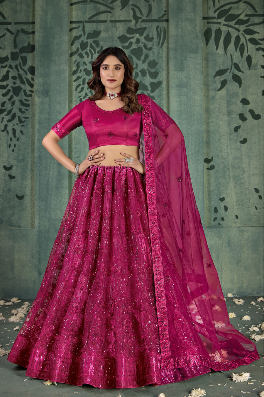 Dark Pink Net Lehenga Choli For Indian Festivals & Pakistani Weddings Dress - Thread Embroidery Work, Sequence Embroidery Work
