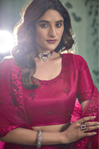 Dark Pink Net Lehenga Choli For Indian Festivals & Pakistani Weddings Dress - Thread Embroidery Work, Sequence Embroidery Work