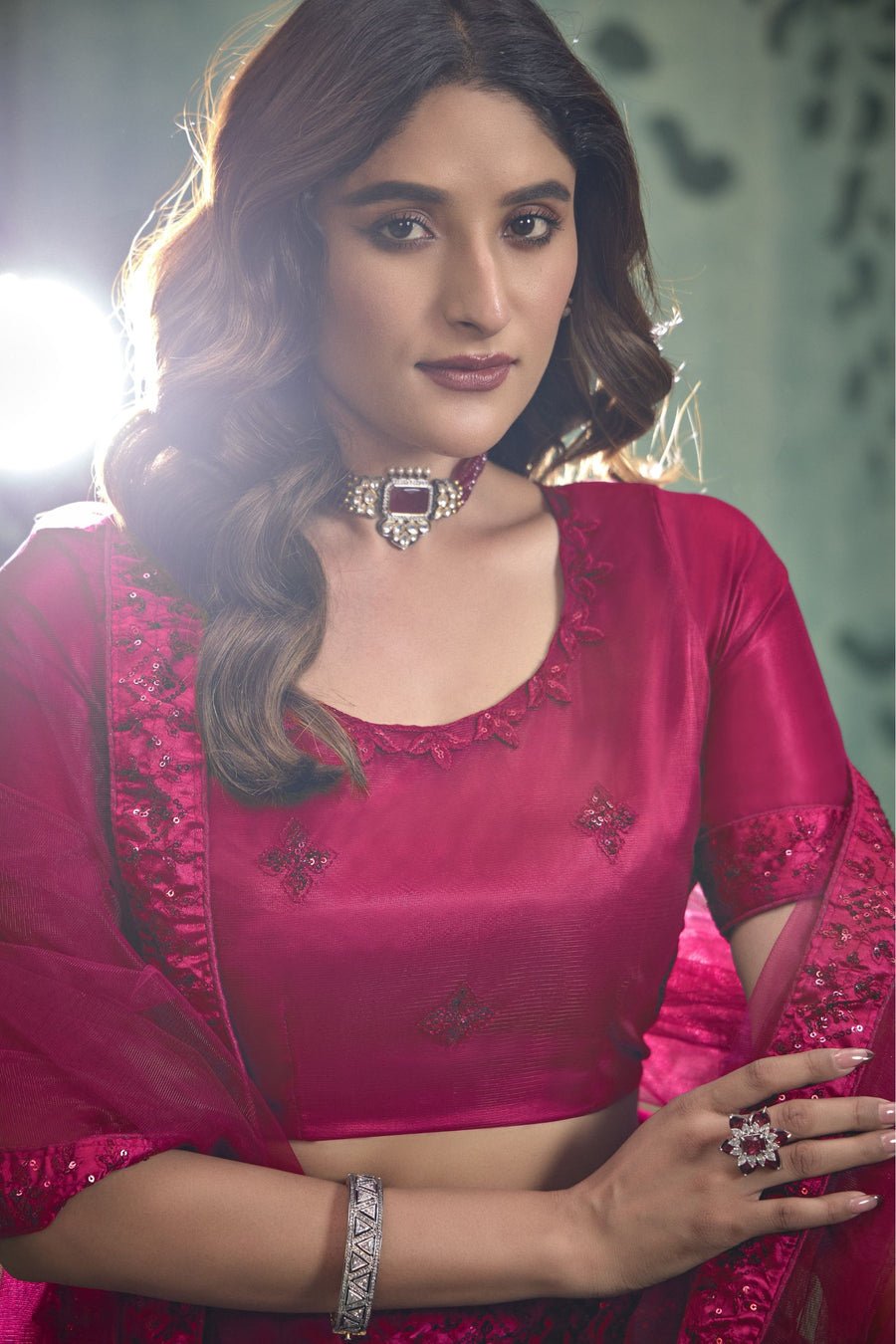 Dark Pink Net Lehenga Choli For Indian Festivals & Pakistani Weddings Dress - Thread Embroidery Work, Sequence Embroidery Work