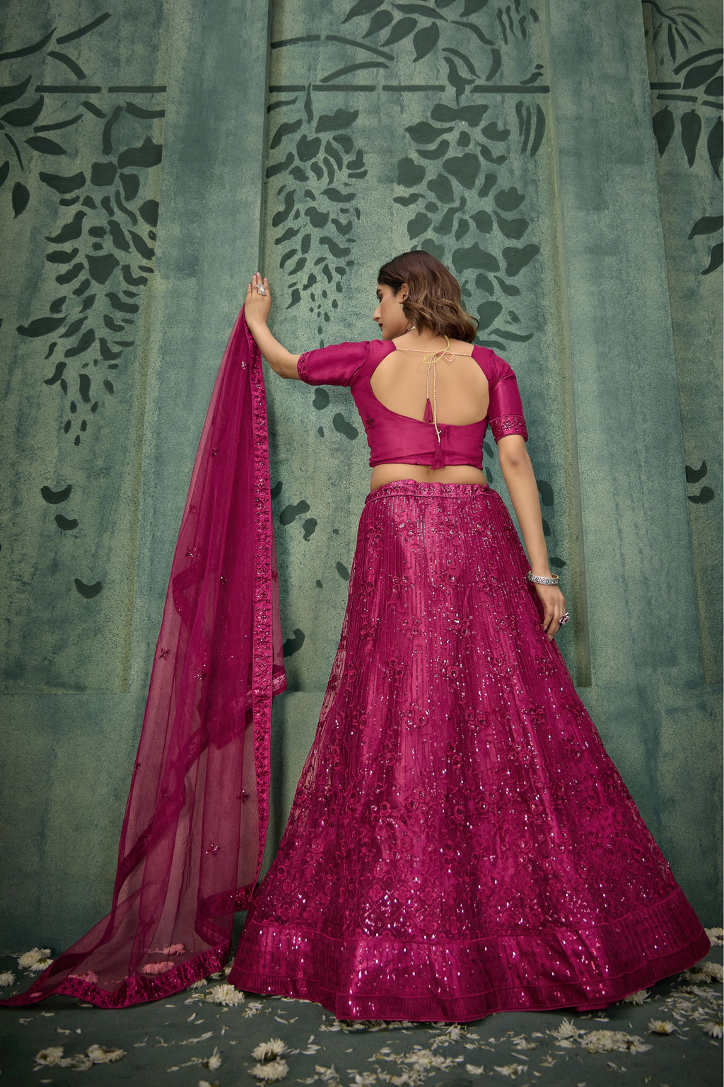 Dark Pink Net Lehenga Choli For Indian Festivals & Pakistani Weddings Dress - Thread Embroidery Work, Sequence Embroidery Work