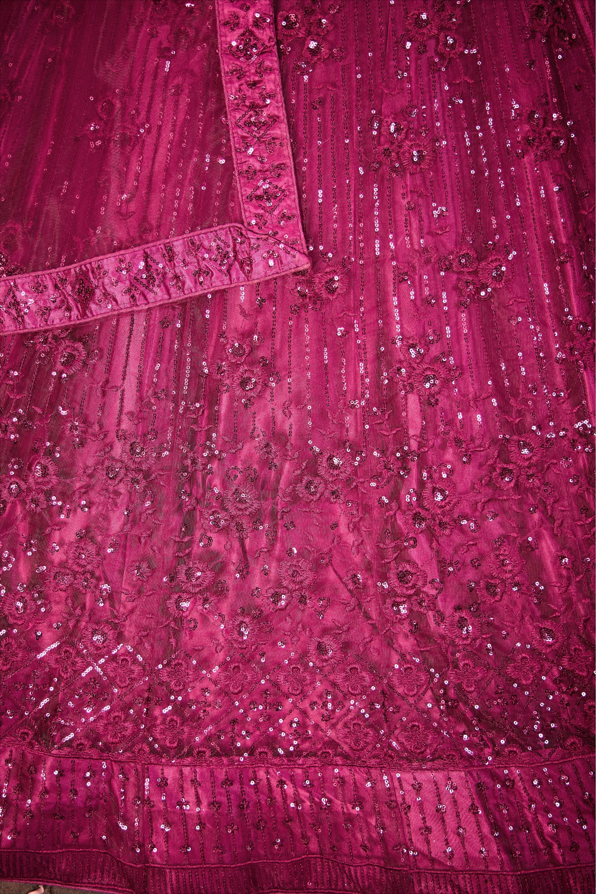 Dark Pink Net Lehenga Choli For Indian Festivals & Pakistani Weddings Dress - Thread Embroidery Work, Sequence Embroidery Work