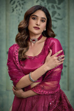 Dark Pink Net Lehenga Choli For Indian Festivals & Pakistani Weddings Dress - Thread Embroidery Work, Sequence Embroidery Work