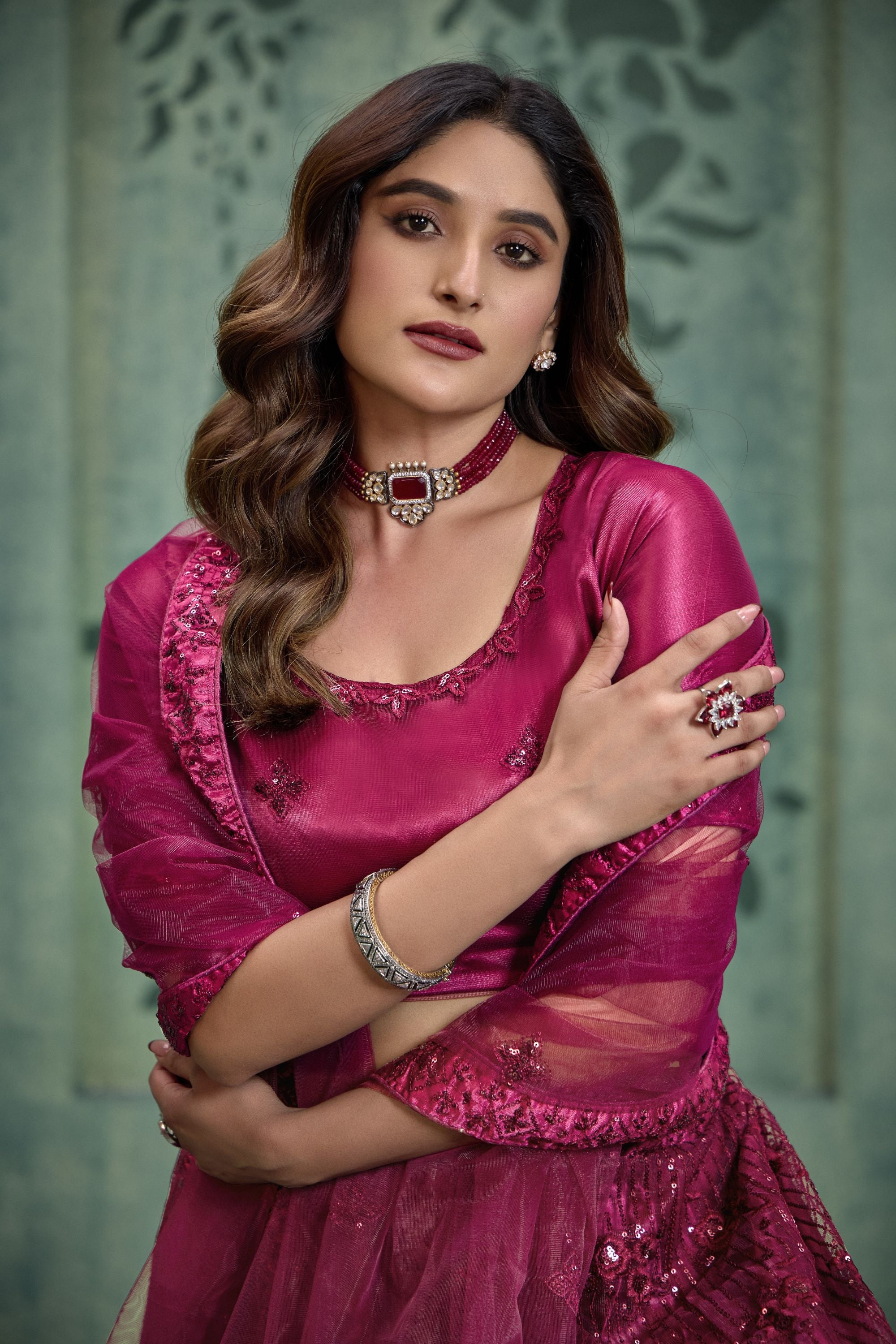 Dark Pink Net Lehenga Choli For Indian Festivals & Pakistani Weddings Dress - Thread Embroidery Work, Sequence Embroidery Work