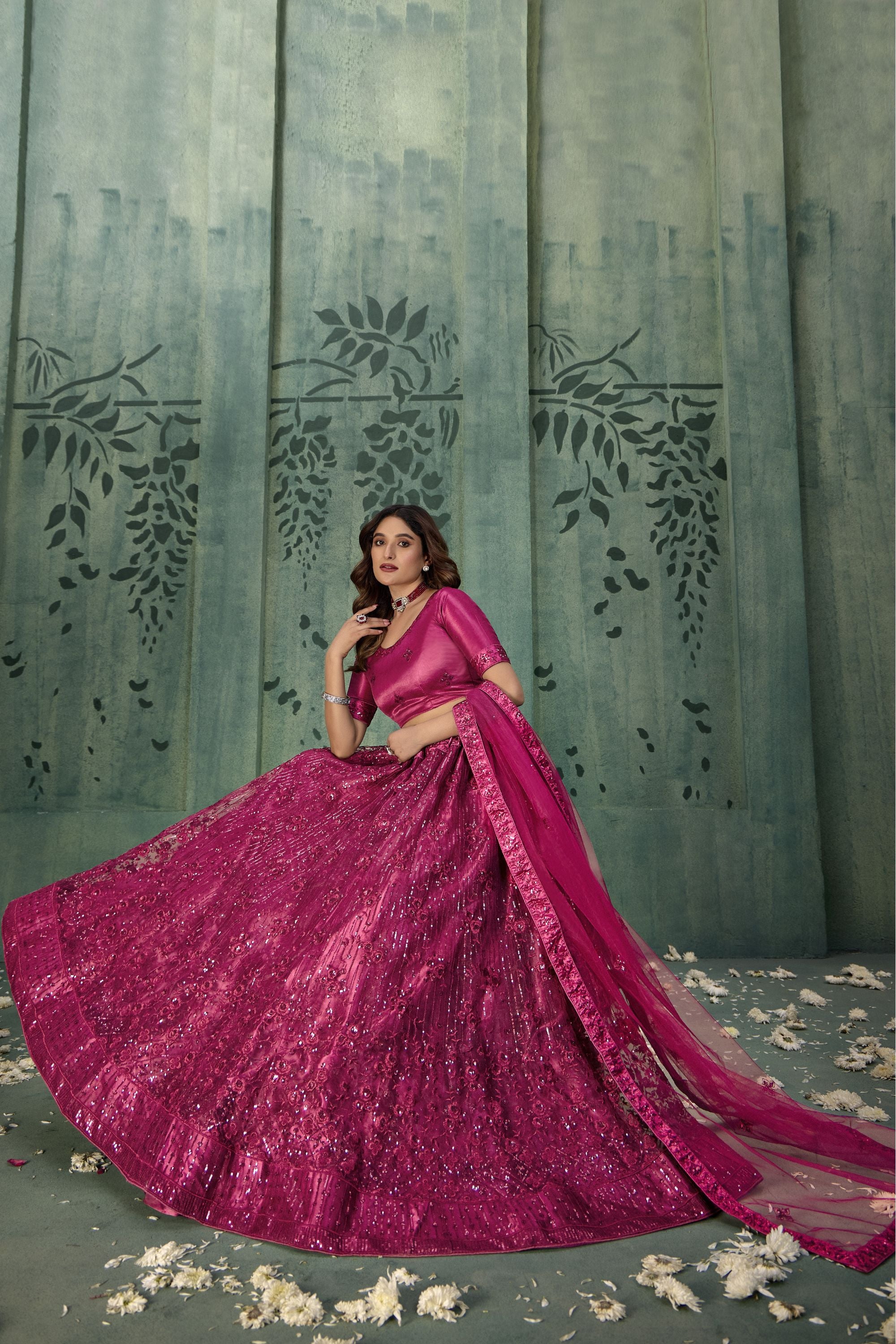 Dark Pink Net Lehenga Choli For Indian Festivals & Pakistani Weddings Dress - Thread Embroidery Work, Sequence Embroidery Work