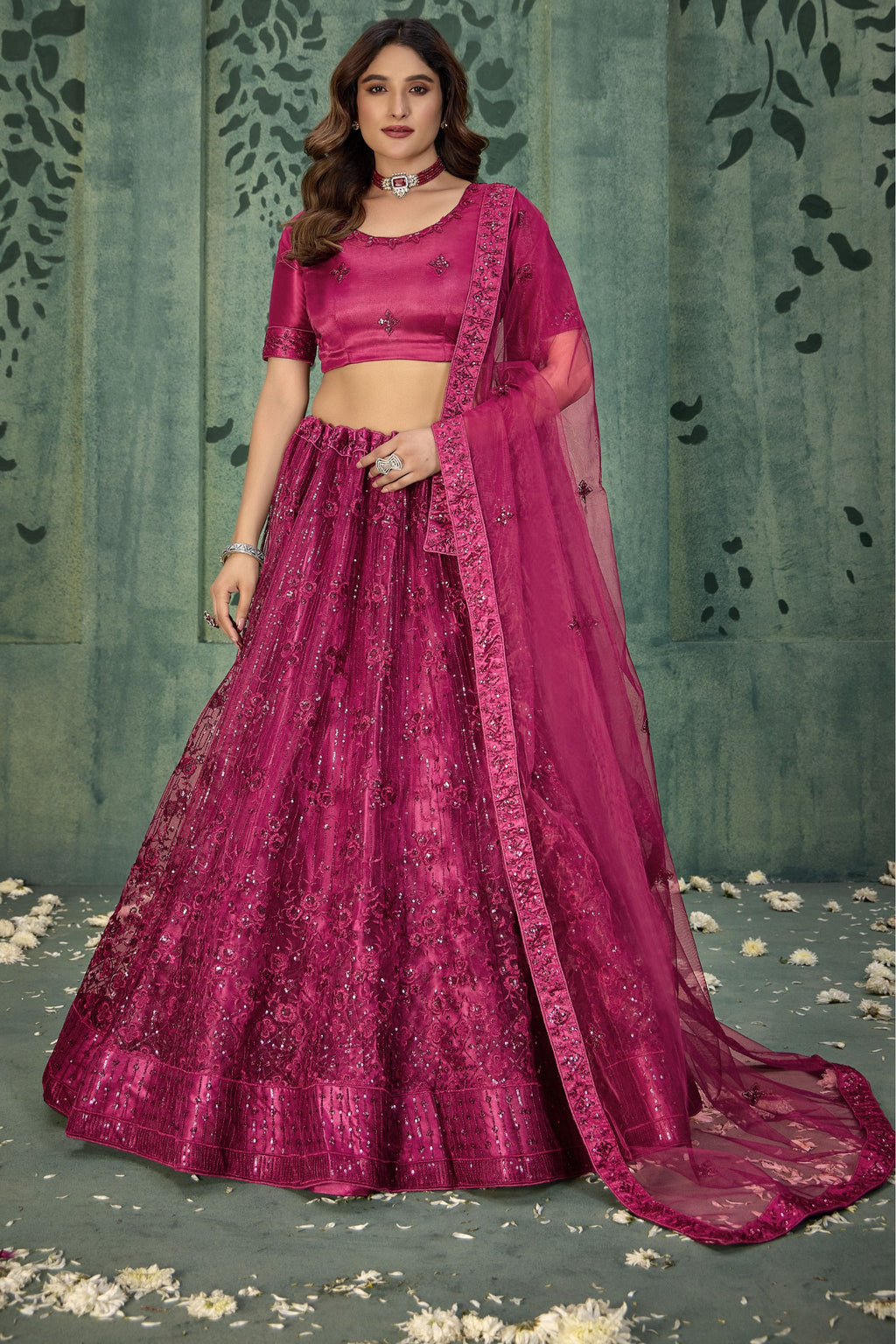 Dark Pink Net Lehenga Choli For Indian Festivals & Pakistani Weddings Dress - Thread Embroidery Work, Sequence Embroidery Work