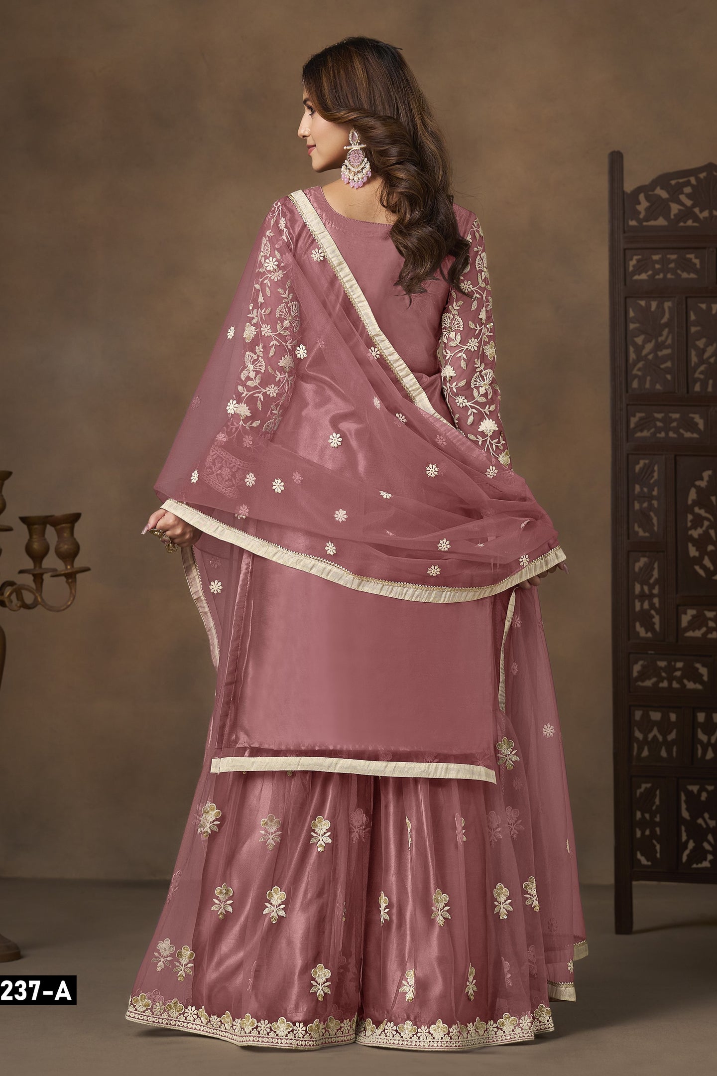 Dark Pink Net Plazo Suits for Wedding with Embroidery