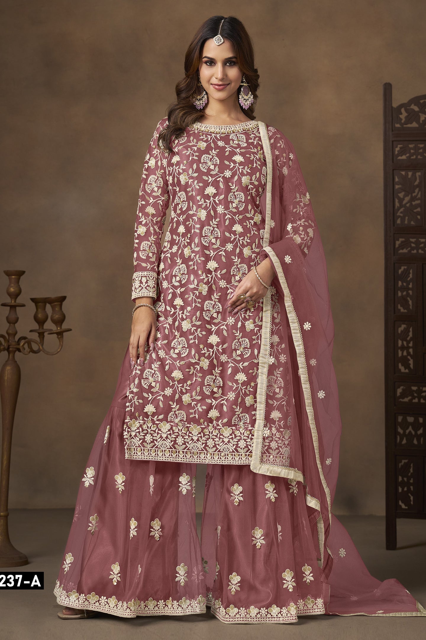 Dark Pink Net Plazo Suits for Wedding with Embroidery