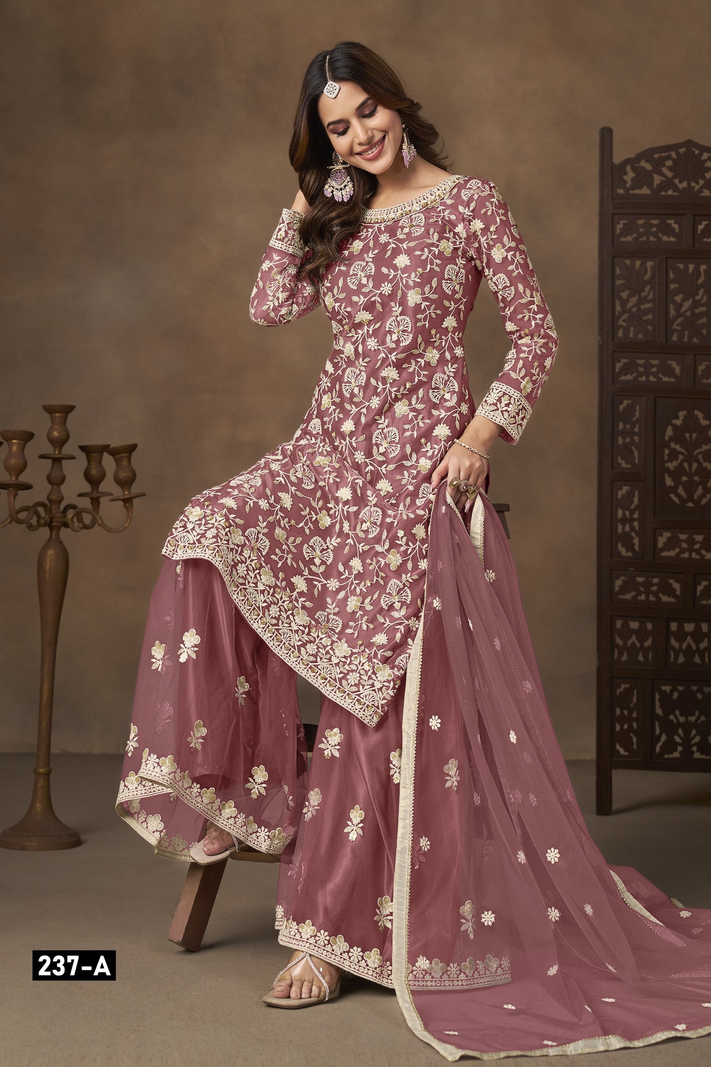 Dark Pink Net Plazo Suits for Wedding with Embroidery