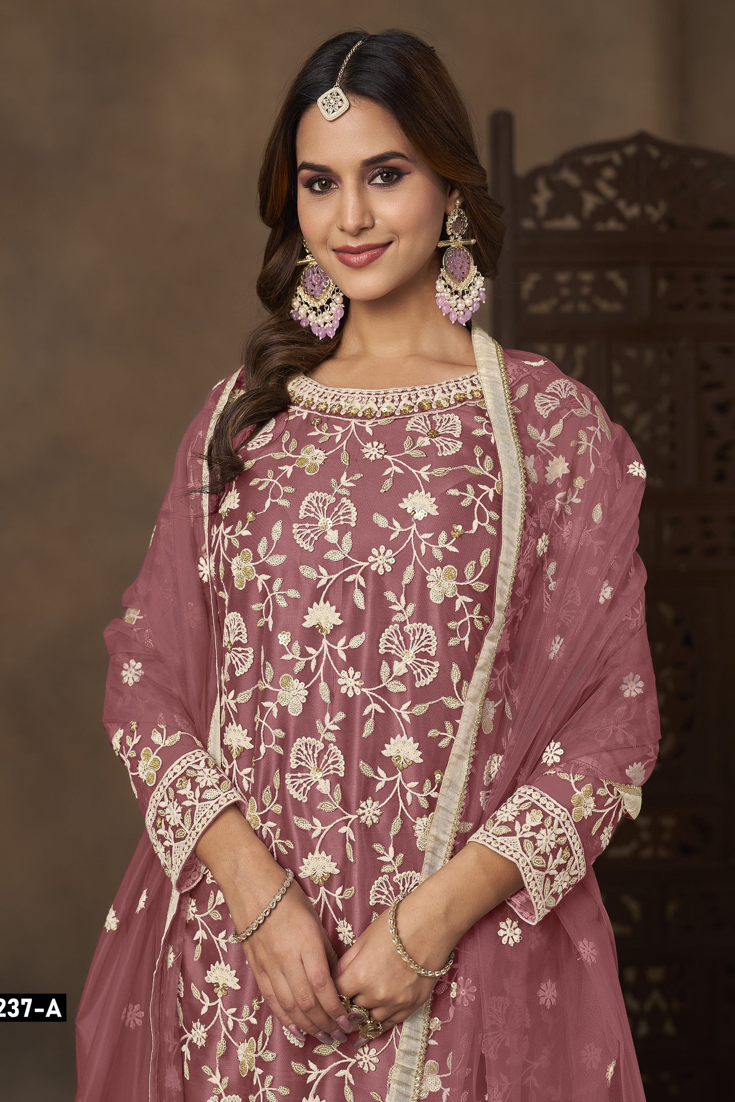 Dark Pink Net Plazo Suits for Wedding with Embroidery