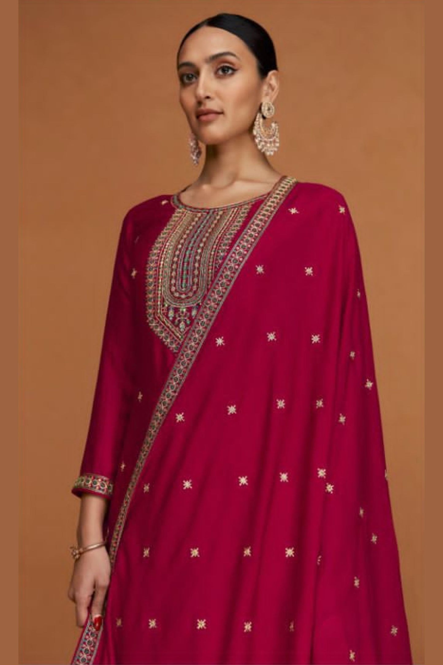 Dark Pink Silk Kameez with Pant And Dupatta For Indian Suit Festivals & Pakistani Weddings - Embroidery Work