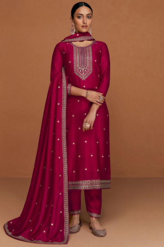 Dark Pink Silk Kameez with Pant And Dupatta For Indian Suit Festivals & Pakistani Weddings - Embroidery Work