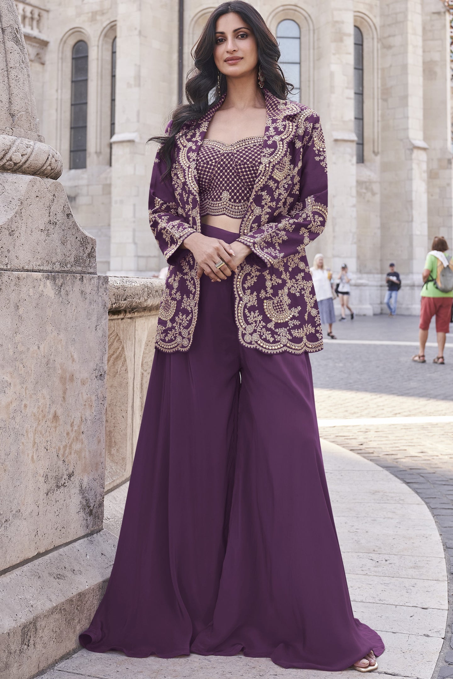 Dark Purple Chinon Silk Plazo Suit For Indian Weddings & Pakitani Festival - Embroidery Work