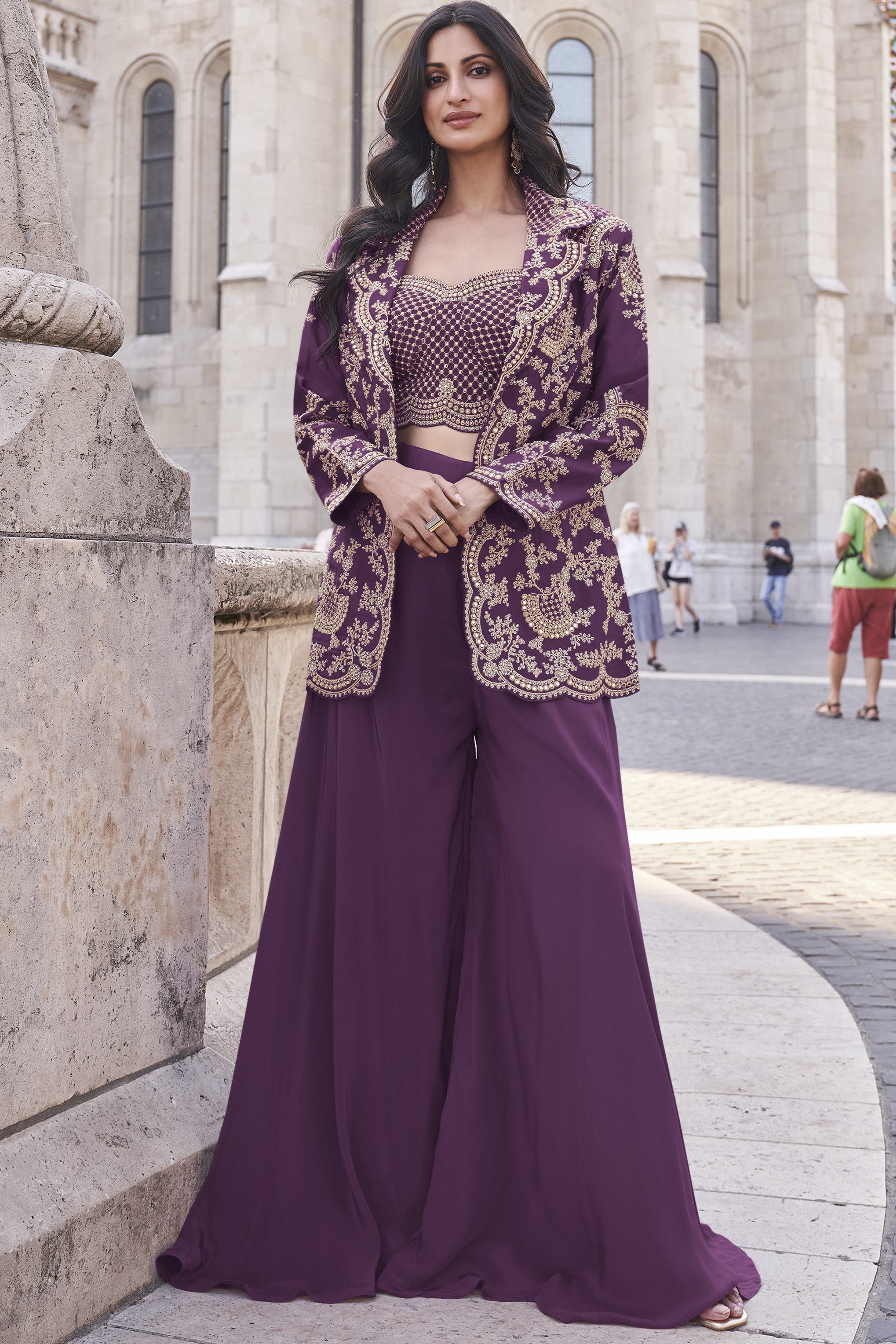 Dark Purple Chinon Silk Plazo Suit For Indian Weddings & Pakitani Festival - Embroidery Work