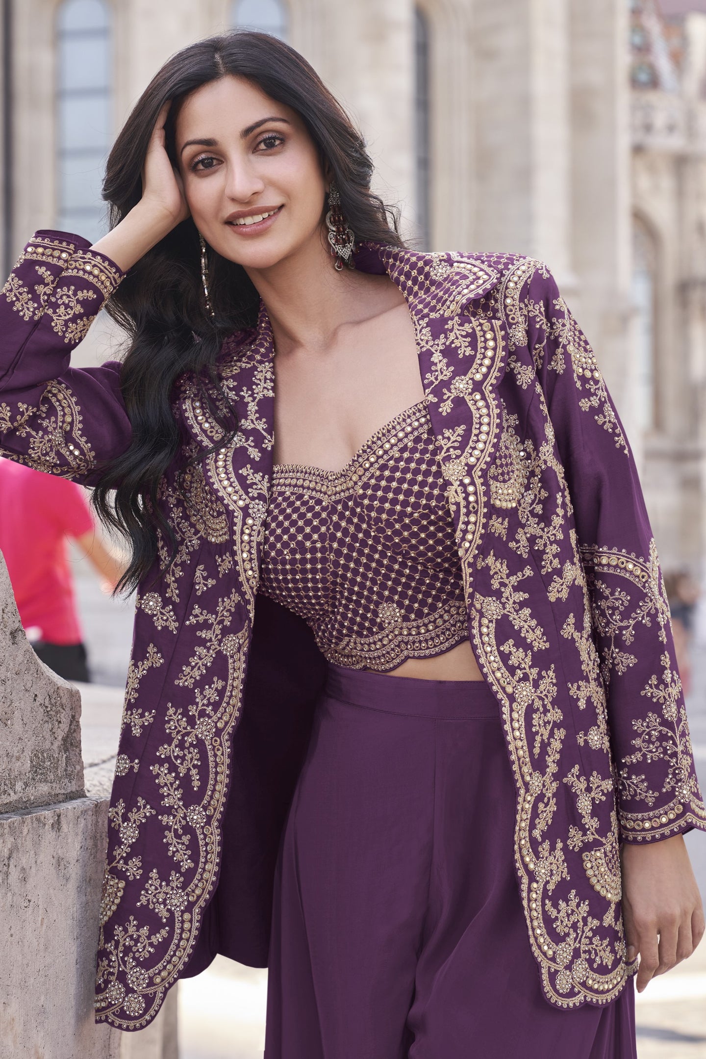 Dark Purple Chinon Silk Plazo Suit For Indian Weddings & Pakitani Festival - Embroidery Work