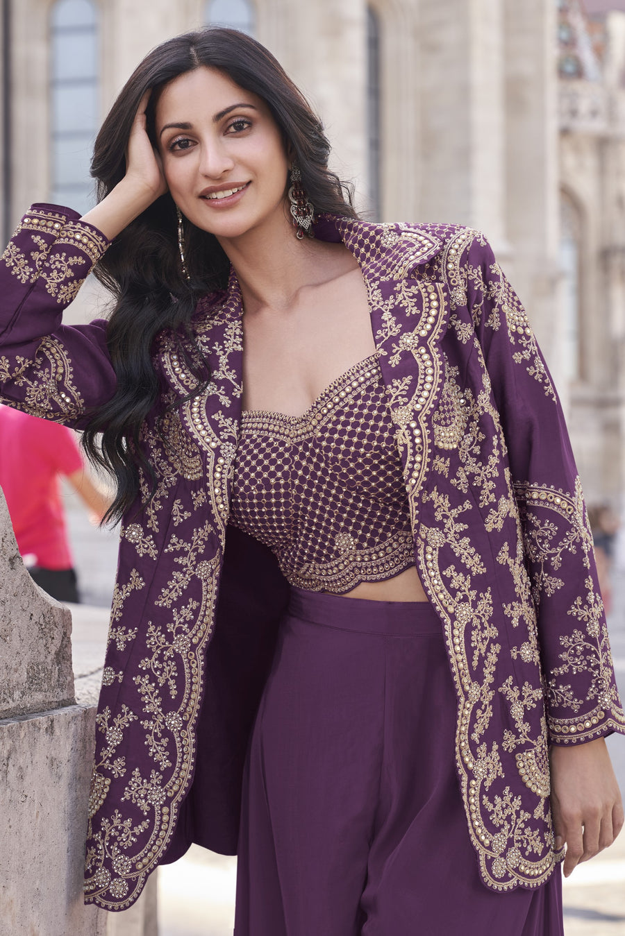 Dark Purple Chinon Silk Plazo Suit For Indian Weddings & Pakitani Festival - Embroidery Work