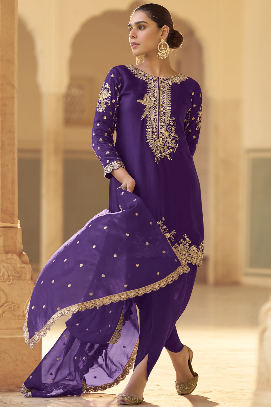 Dark Purple Crepe Salwar with Dhoti For Indian Festivals & Weddings - Embroidery Work