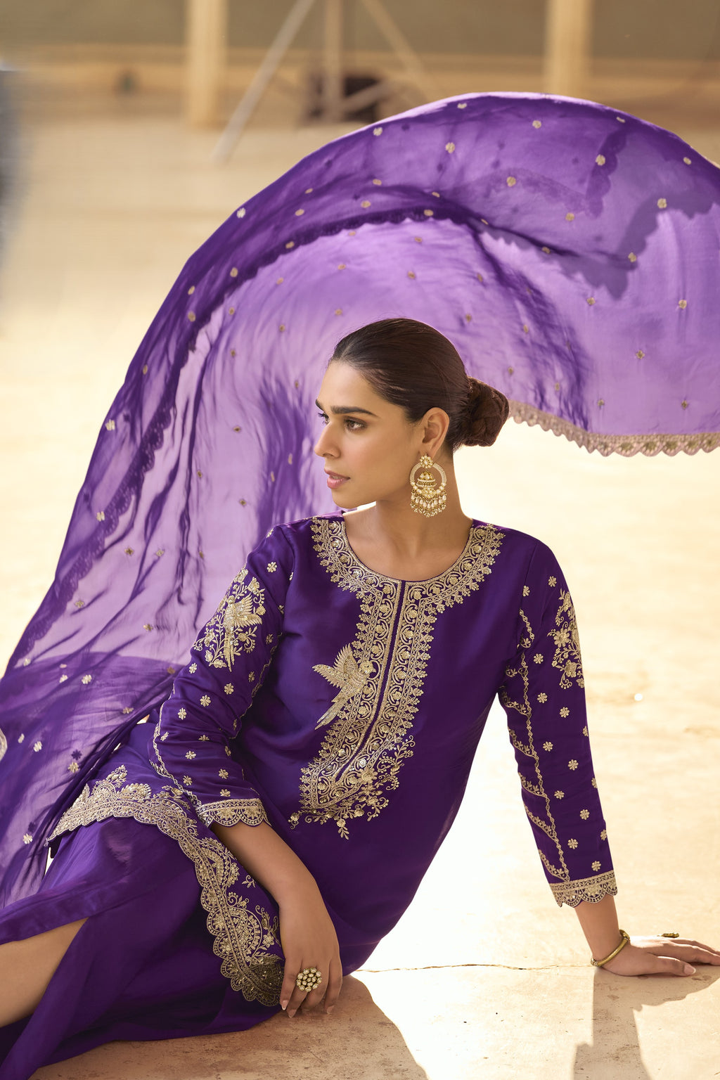 Dark Purple Crepe Salwar with Dhoti For Indian Festivals & Weddings - Embroidery Work