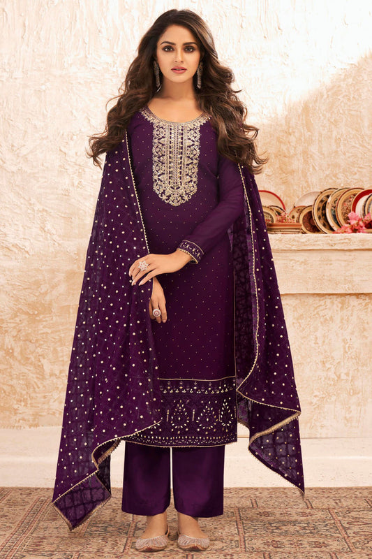 Dark Purple Georgette Kameez Suit For Indian Festivals & Pakistani Weddings - Embroidery Work