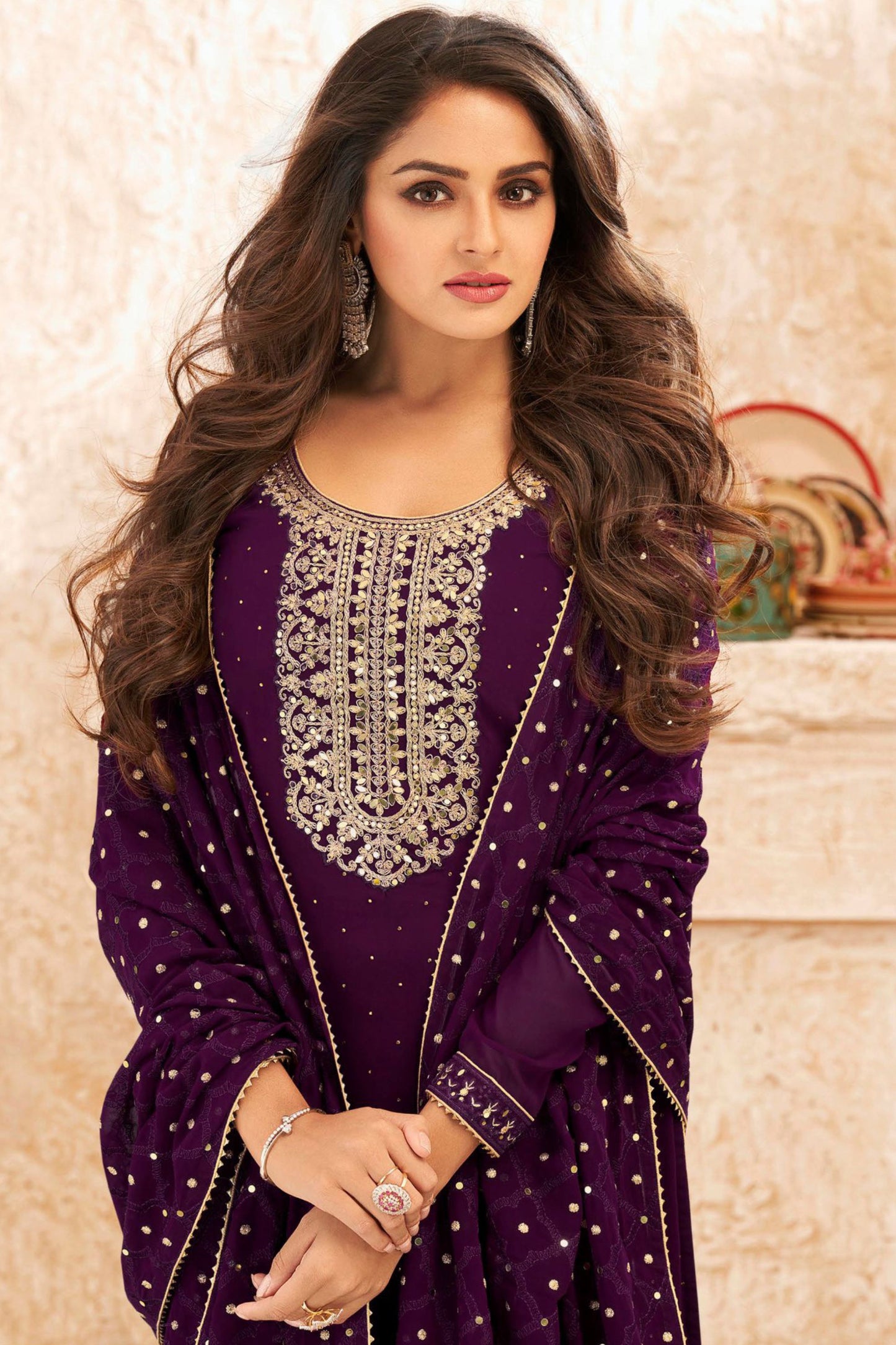 Dark Purple Georgette Kameez Suit For Indian Festivals & Pakistani Weddings - Embroidery Work